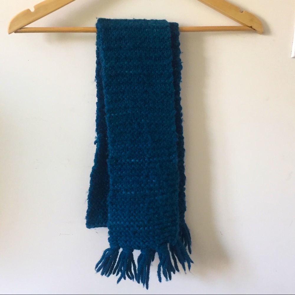 Thick teal wool hand knit scarf with fringe